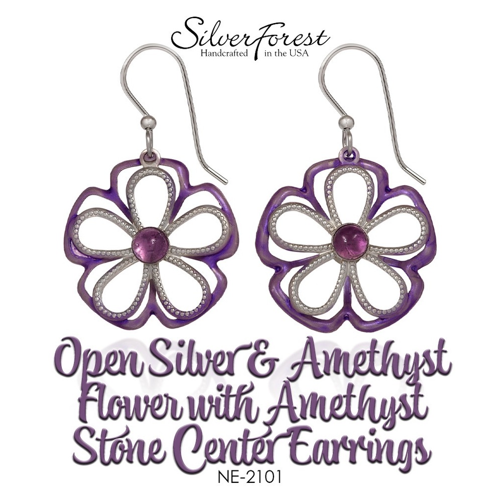 Silver Forest Open Silver & Amethyst Flower with Amethyst Stone Center Earrings